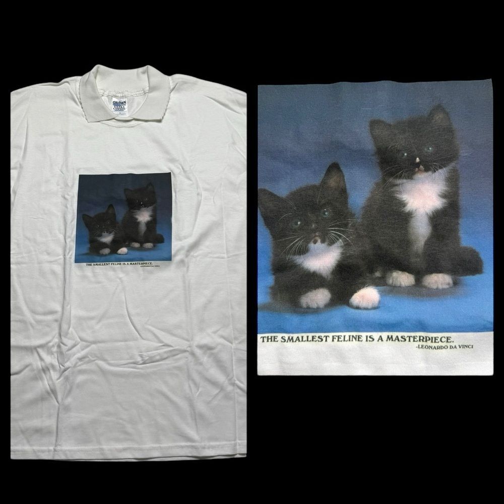 Tuxedo Kittens Cat Lady Graphic Tee with Collar White XL NWOT